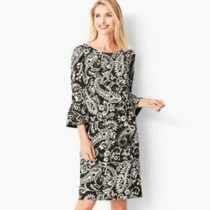 TALBOTS Paisley Black White Dress 3/4 Bell Sleeves Lined Sz 2 Runs Big
